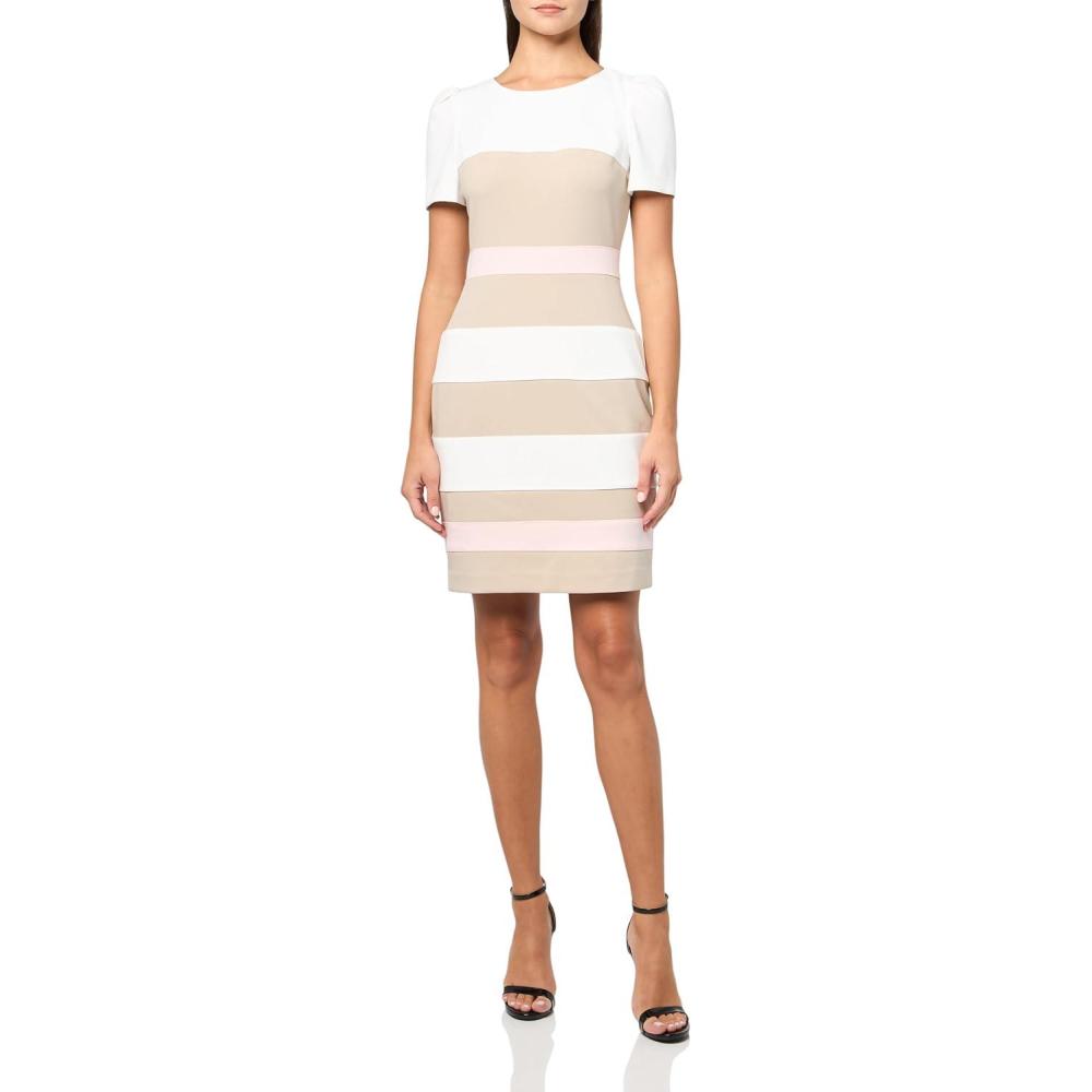 imageTommy Hilfiger Womens Short Sleeve Jewel Neck Colorblock Striped Sheath Mini DressIvory KhakiBallerina Pink