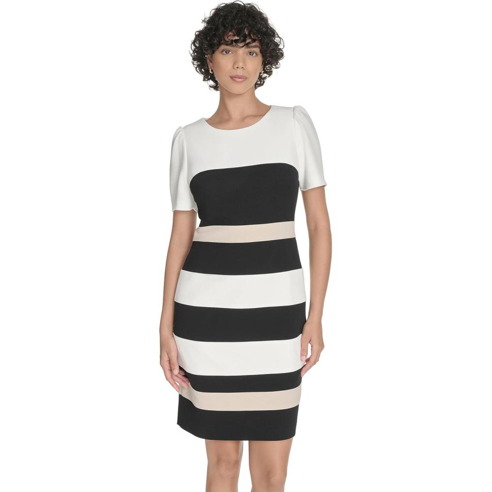 imageTommy Hilfiger Womens Short Sleeve Jewel Neck Colorblock Striped Sheath Mini DressIvoryBlackKhaki