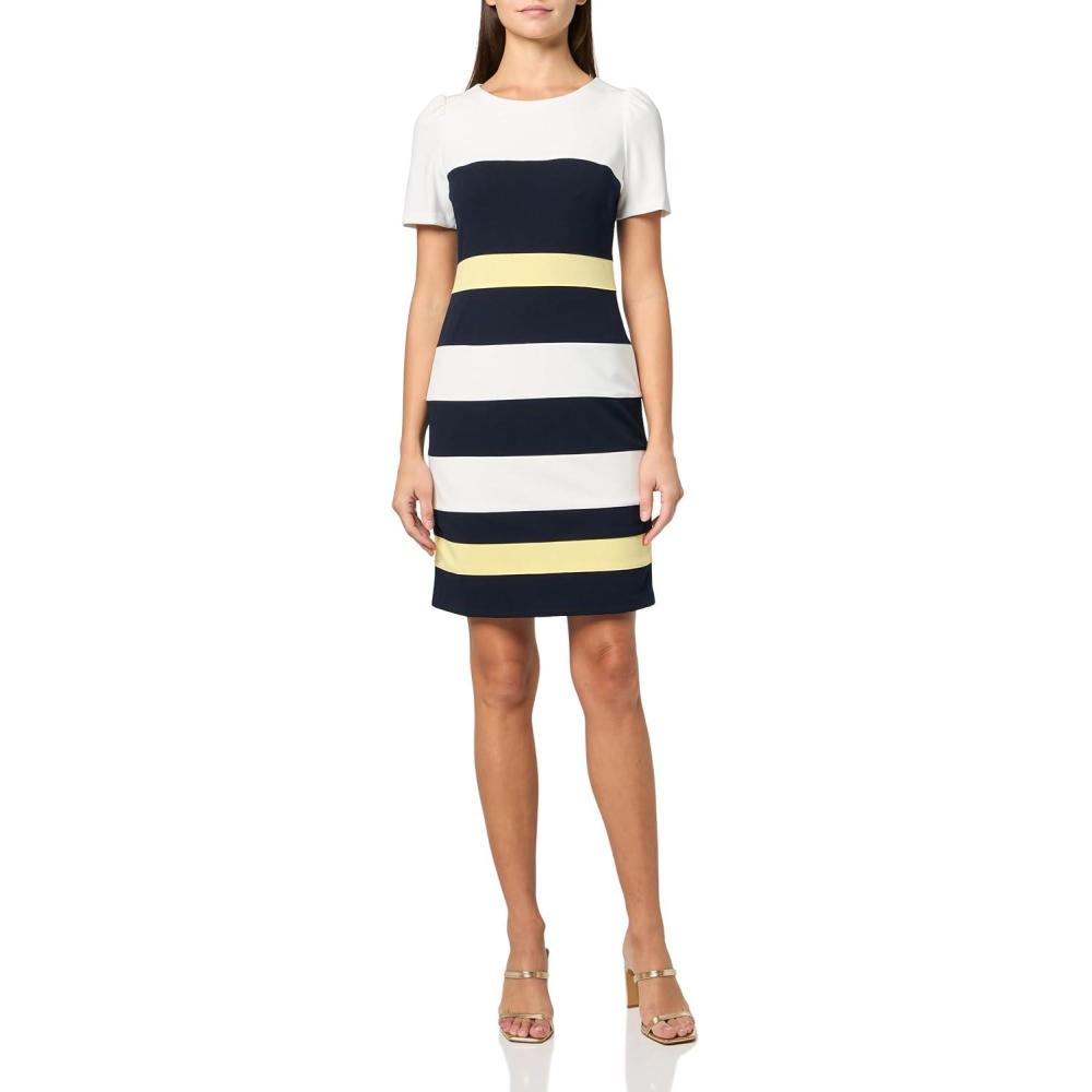 imageTommy Hilfiger Womens Short Sleeve Jewel Neck Colorblock Striped Sheath Mini DressIvorySunshineSky Captain