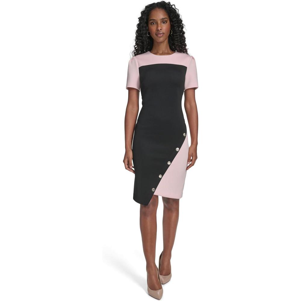 imageTommy Hilfiger Womens Short Sleeve Jewel Neck Colorblock Studded Asymmetrical Hem Crepe Mini DressBlackBallerina Pink