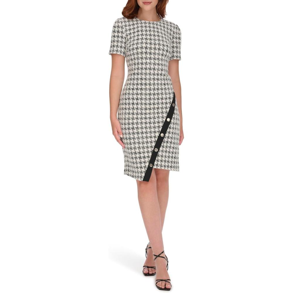 imageTommy Hilfiger Womens Short Sleeve Jewel Neck Colorblock Studded Asymmetrical Hem Crepe Mini DressBlackPearl