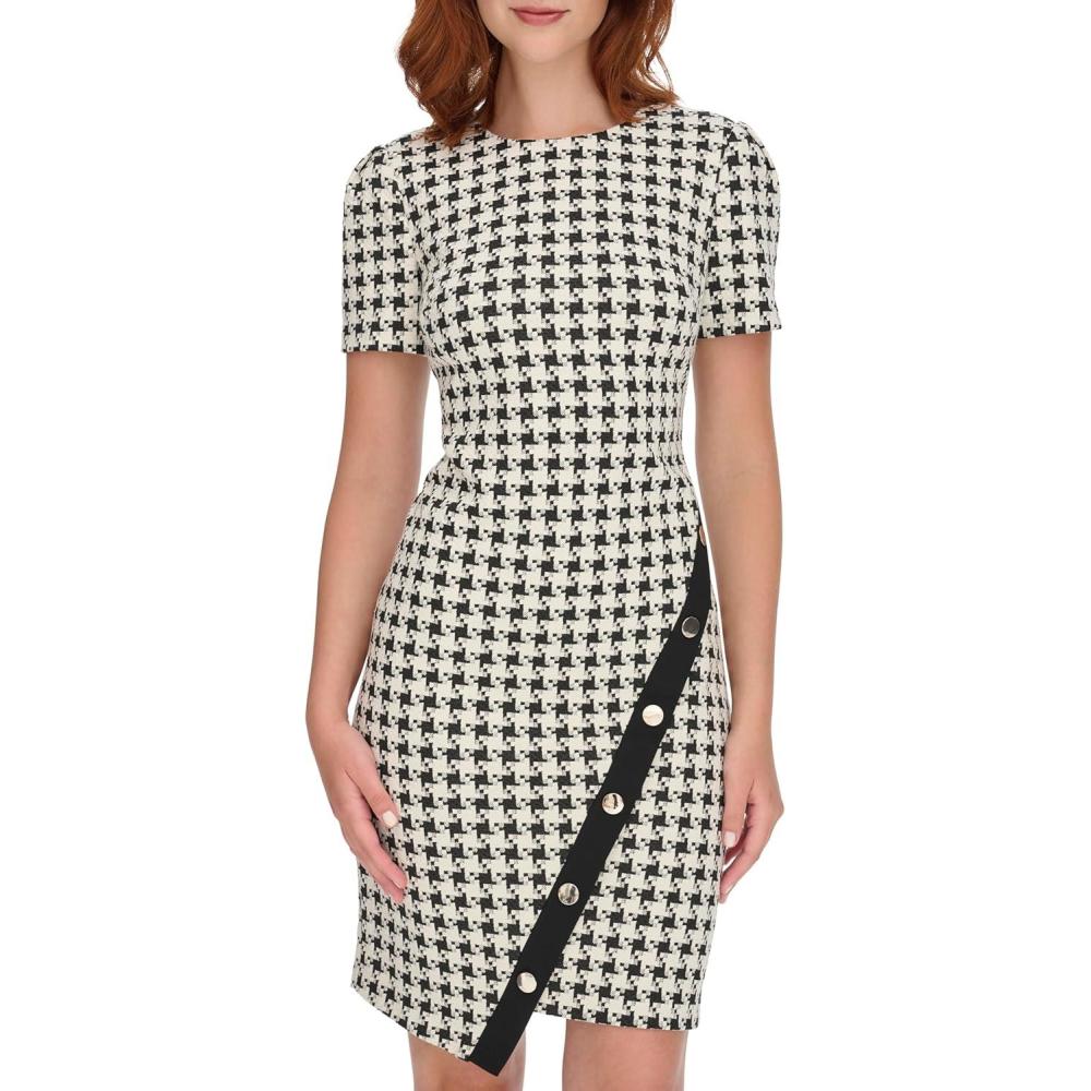 imageTommy Hilfiger Womens Short Sleeve Jewel Neck Colorblock Studded Asymmetrical Hem Crepe Mini DressBlackPearl Multi