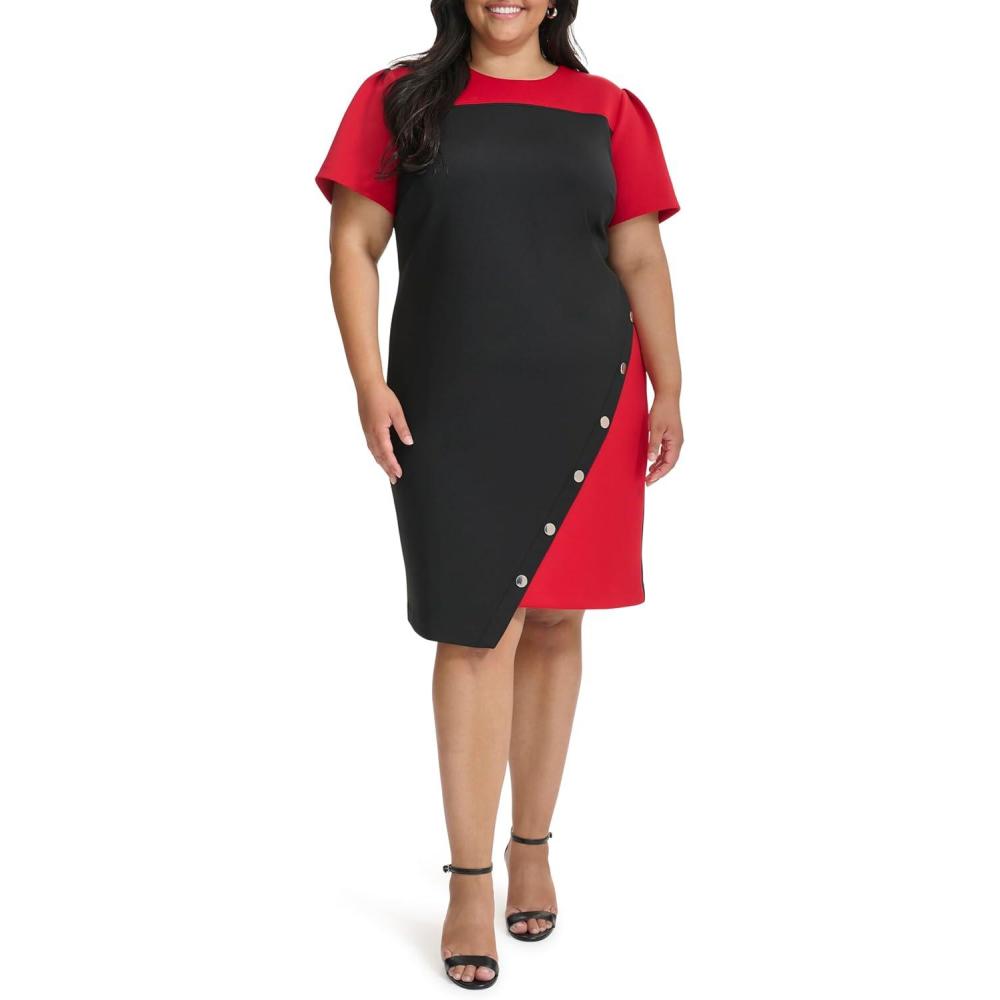 imageTommy Hilfiger Womens Short Sleeve Jewel Neck Colorblock Studded Asymmetrical Hem Crepe Mini DressBlackScarlet