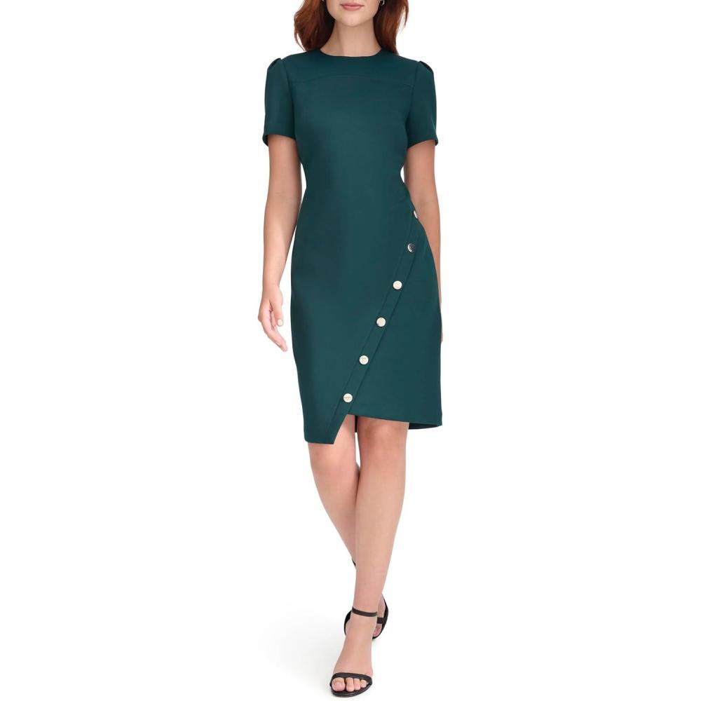 imageTommy Hilfiger Womens Short Sleeve Jewel Neck Colorblock Studded Asymmetrical Hem Crepe Mini DressCypress