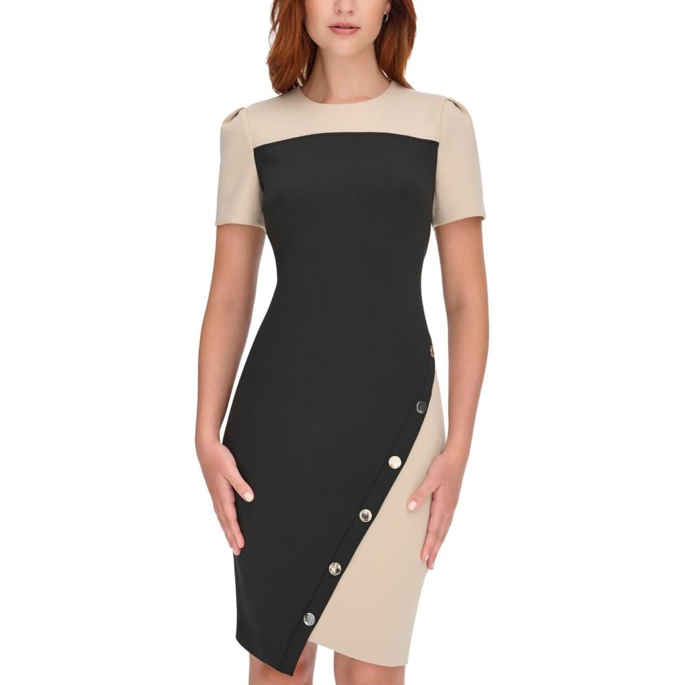 imageTommy Hilfiger Womens Short Sleeve Jewel Neck Colorblock Studded Asymmetrical Hem Crepe Mini DressKhakiBlack