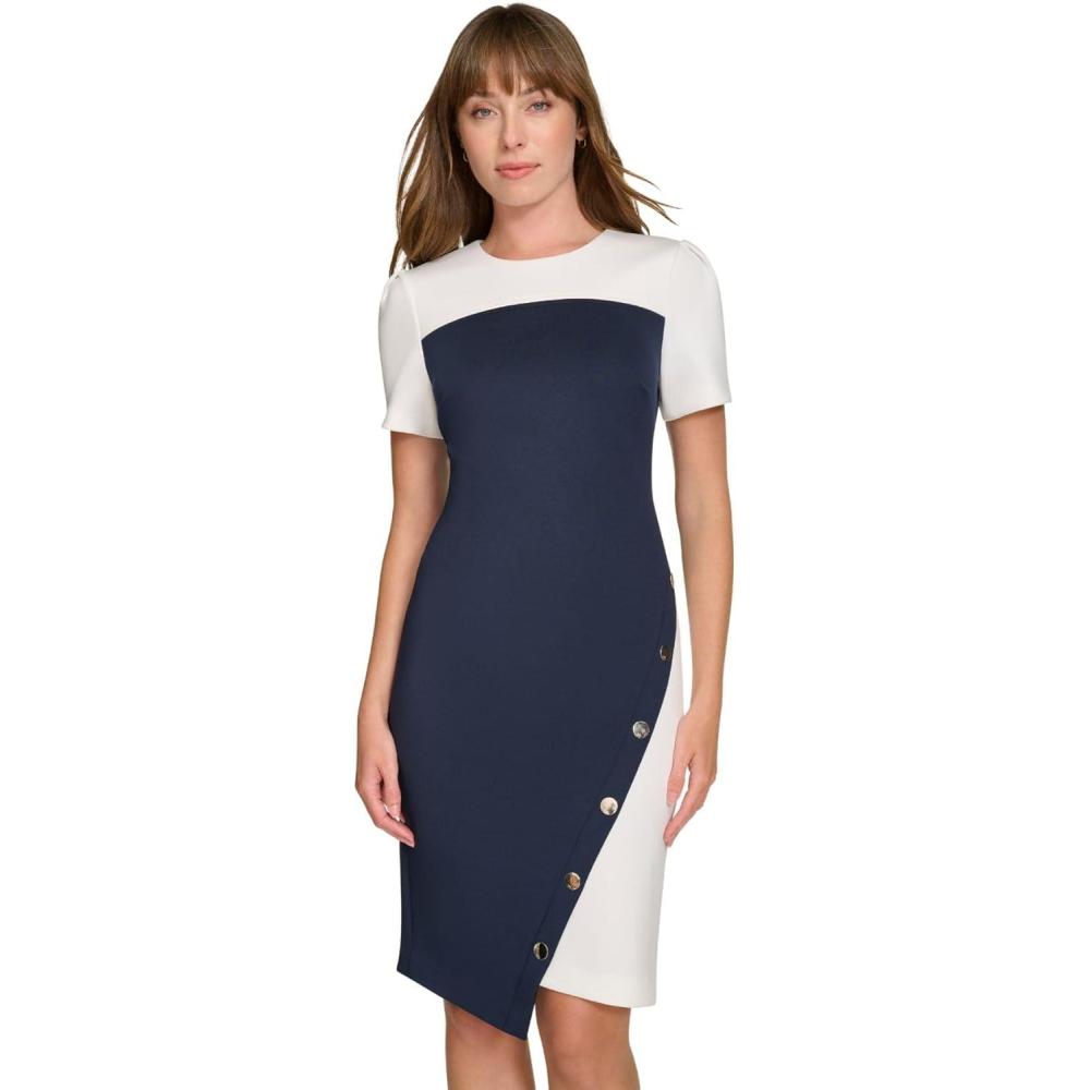 imageTommy Hilfiger Womens Short Sleeve Jewel Neck Colorblock Studded Asymmetrical Hem Crepe Mini DressSky CaptainIvory