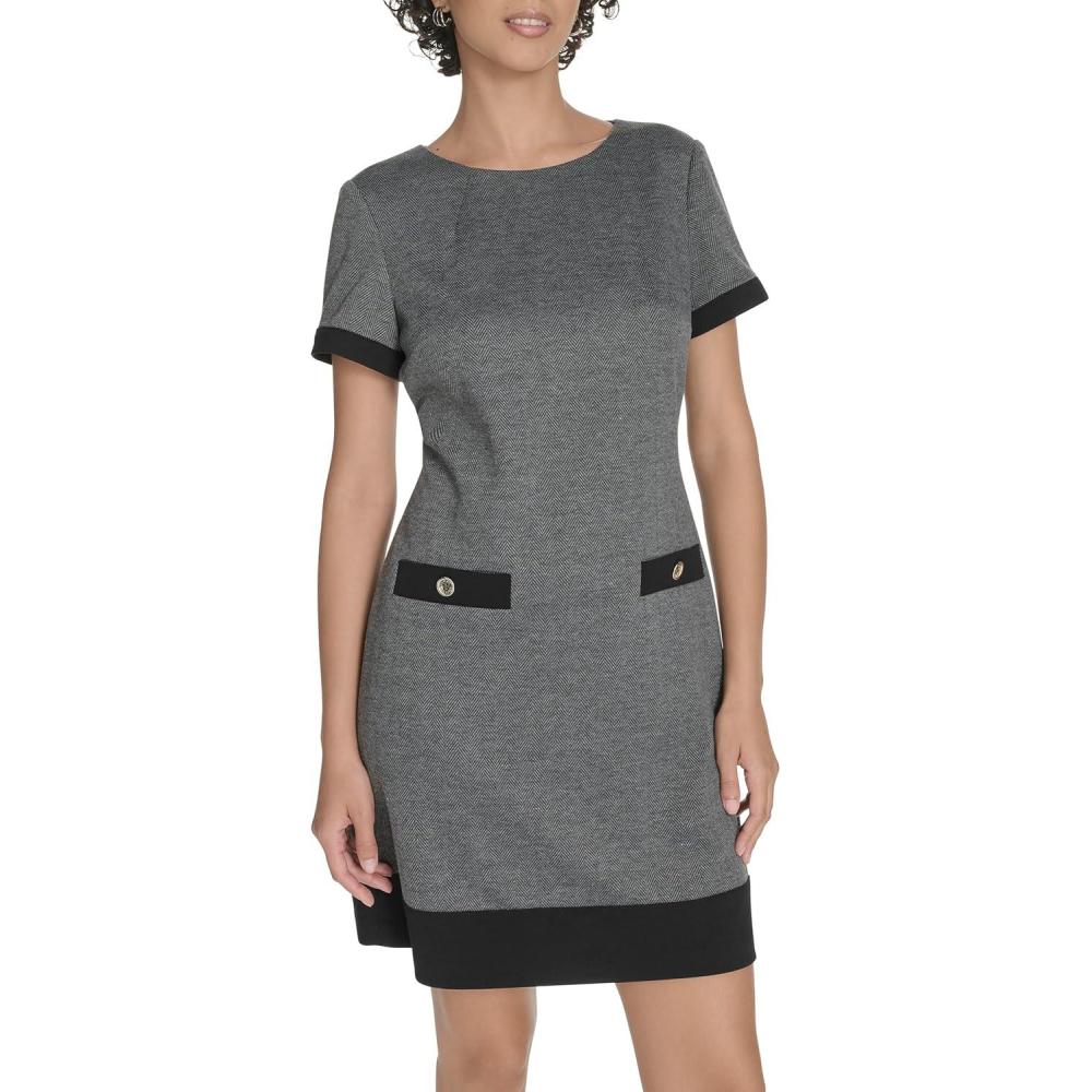 imageTommy Hilfiger Womens Short Sleeve Jewel Neck Novelty Button Mini Shift DressBlackGrey