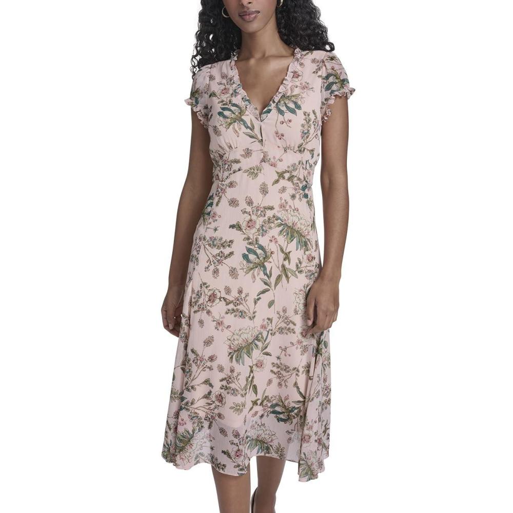 imageTommy Hilfiger Womens Short Sleeve VNeck Chiffon Empire Waist Midi DressPowder Multi