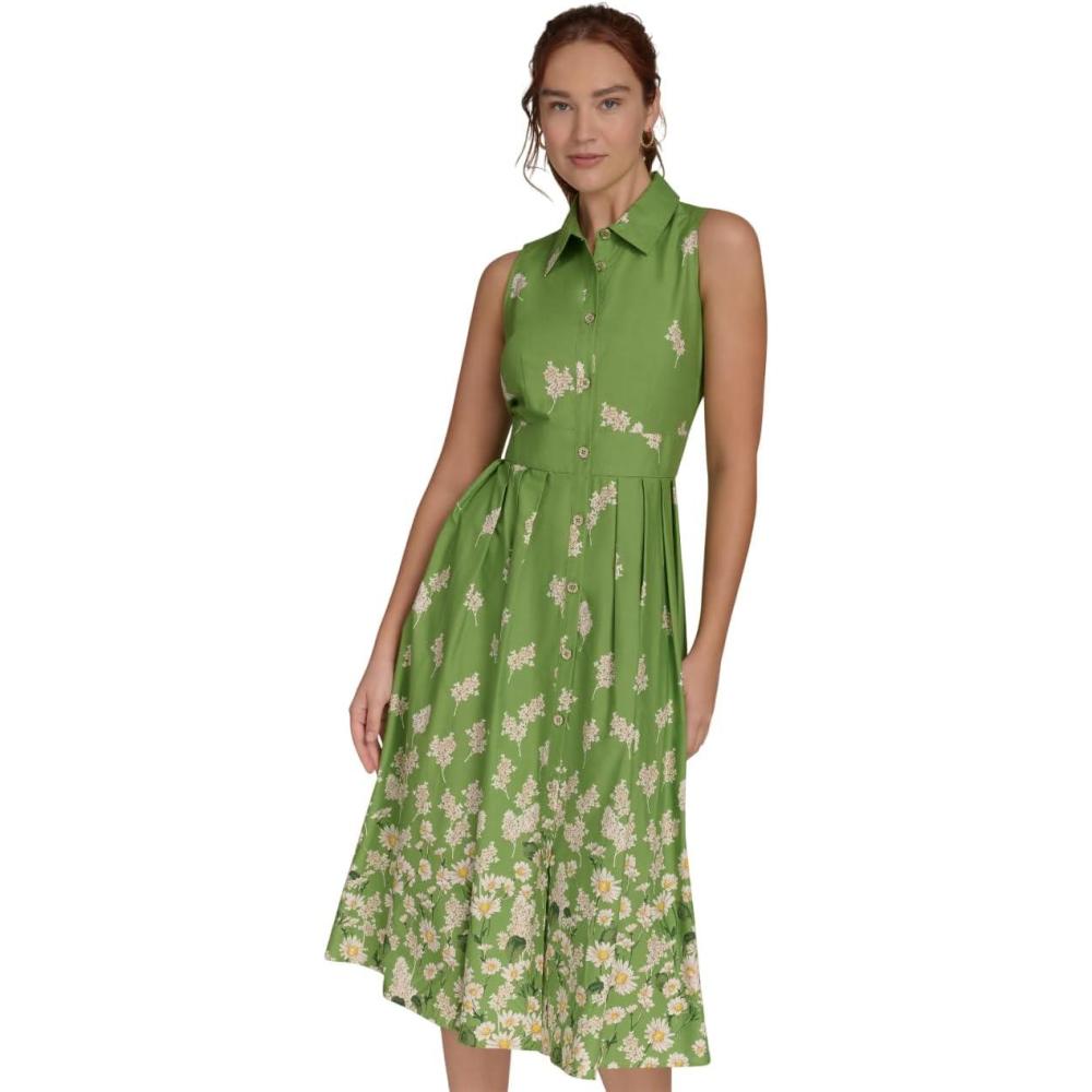 imageTommy Hilfiger Womens Sleeveless Collared Front Button Aline Midi DressTea Tree Multi