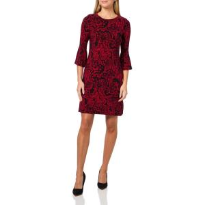 Tommy Hilfiger Women’s 3/4 Bell Sleeve Jewel Neck Sheath Mini Dress(Deep Scarlet/Black)