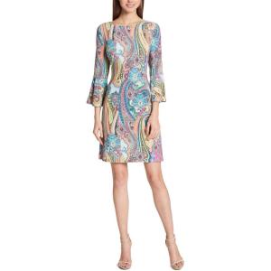 Tommy Hilfiger Women’s 3/4 Bell Sleeve Jewel Neck Sheath Mini Dress(Hot Pink Multi)