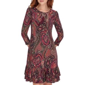 Tommy Hilfiger Womens 3/4 Sleeve Crew Neck Double Ruffle Hem Jersey Shift Mini Dress(Aubergine/Chili Pepper)