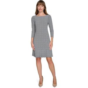 Tommy Hilfiger Womens 3/4 Sleeve Crew Neck Double Ruffle Hem Jersey Shift Mini Dress(Sky Captain/Cream Multi)