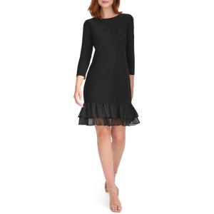 Tommy Hilfiger Women’s 3/4 Sleeve Jersey/Chiffon Mix Ruffle Hem Dress(Black)