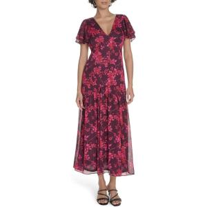 Tommy Hilfiger Women’s Flutter Sleeve V Neck Tiered Maxi Dress(Aubergine Multi)