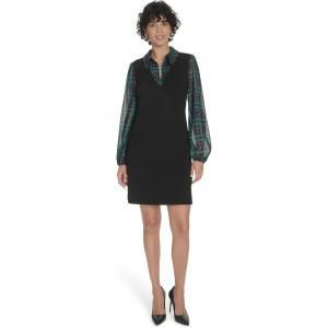 Tommy Hilfiger Women’s Long Sleeve Collared Twofer Shift Mini Dress(Black Midnight/Evergreen)