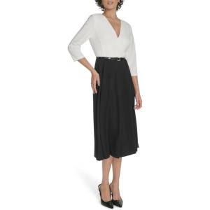 Tommy Hilfiger Women’s Long Sleeves V Neck Color Block Midi Dress(Black/Ivory)
