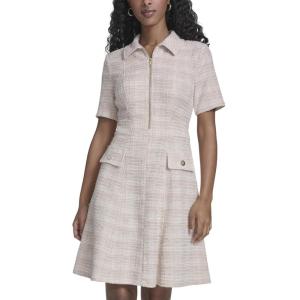 Tommy Hilfiger Womens Short Sleeve Collared Neck Boucle Knit Tweed Zipper Front Mini Dress(Khaki/Ivory)