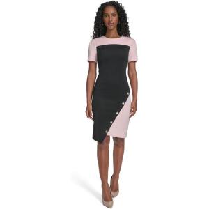 Tommy Hilfiger Women’s Short Sleeve Jewel Neck Colorblock Studded Asymmetrical Hem Crepe Mini Dress(Black/Ballerina Pink)