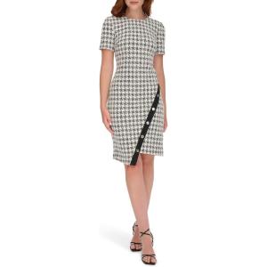 Tommy Hilfiger Women’s Short Sleeve Jewel Neck Colorblock Studded Asymmetrical Hem Crepe Mini Dress(Black/Pearl)