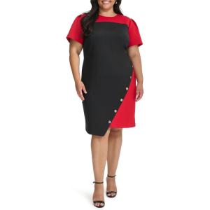 Tommy Hilfiger Women’s Short Sleeve Jewel Neck Colorblock Studded Asymmetrical Hem Crepe Mini Dress(Black/Scarlet)