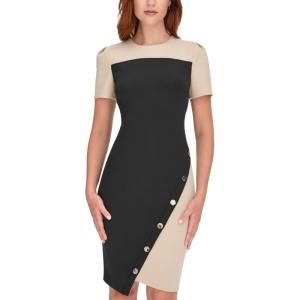 Tommy Hilfiger Women’s Short Sleeve Jewel Neck Colorblock Studded Asymmetrical Hem Crepe Mini Dress(Khaki/Black)