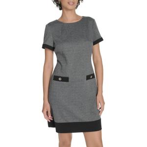 Tommy Hilfiger Womens Short Sleeve Jewel Neck Novelty Button Mini Shift Dress(Black/Grey)