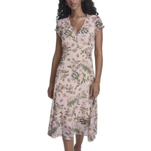Tommy Hilfiger Women’s Short Sleeve V-Neck Chiffon Empire Waist Midi Dress(Powder Multi)