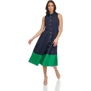 Tommy Hilfiger Women’s Sleeveless Collared Front Button A-line Midi Dress(Sky Captain/Ivory)