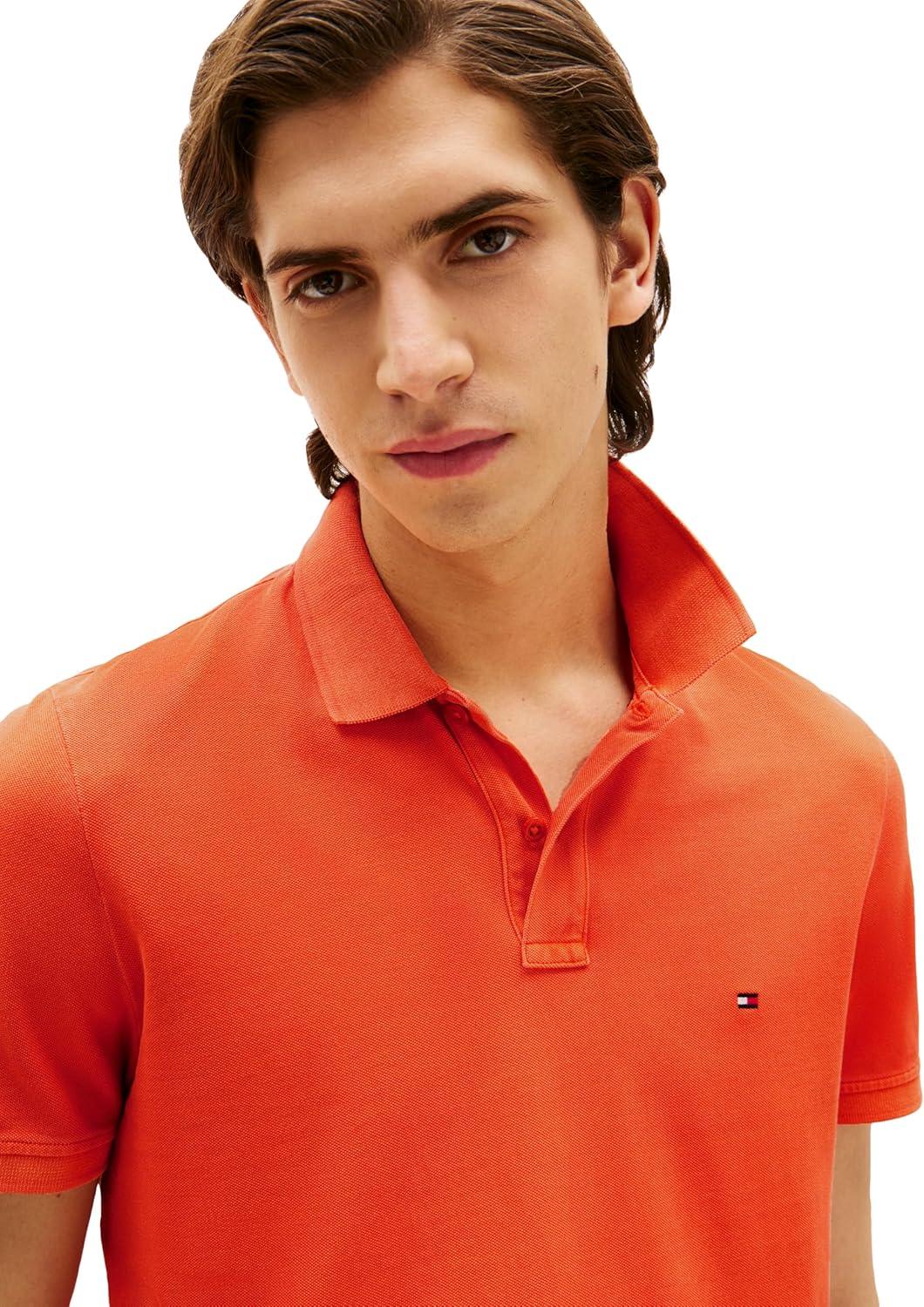 imageTommy Hilfiger Mens Short Sleeve Casual Polo Shirts in Regular Fit with Garment Dye CottonBrilliant Orange