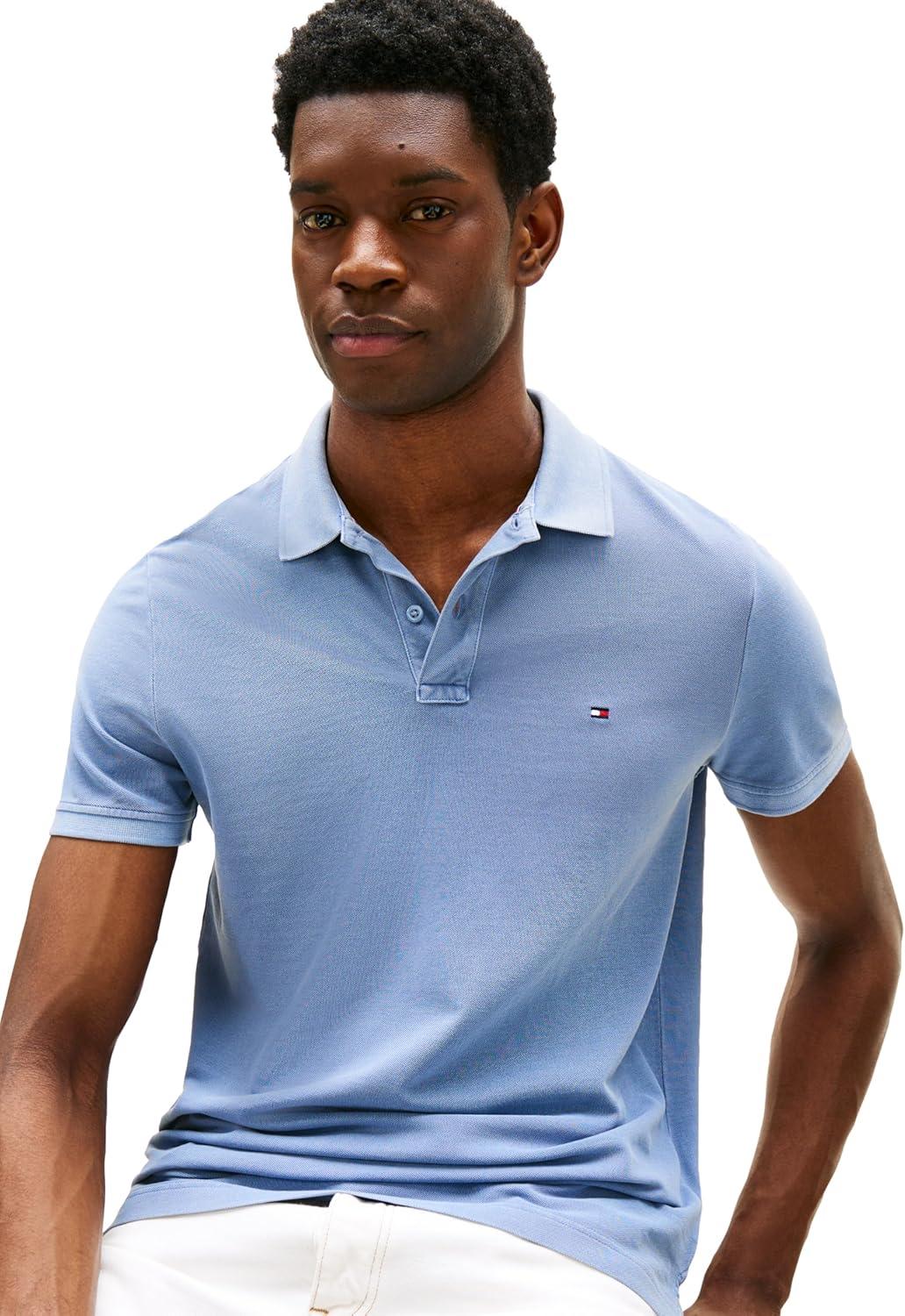 imageTommy Hilfiger Mens Short Sleeve Casual Polo Shirts in Regular Fit with Garment Dye CottonBrisk Blue