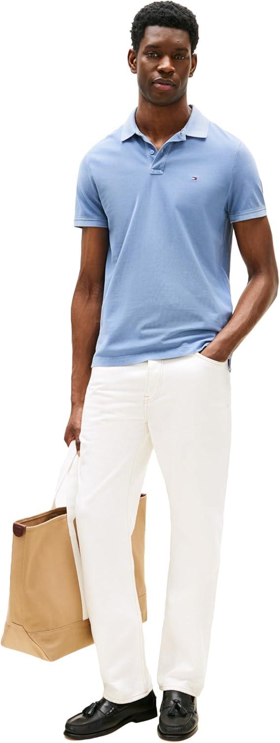 imageTommy Hilfiger Mens Short Sleeve Casual Polo Shirts in Regular Fit with Garment Dye CottonBrisk Blue