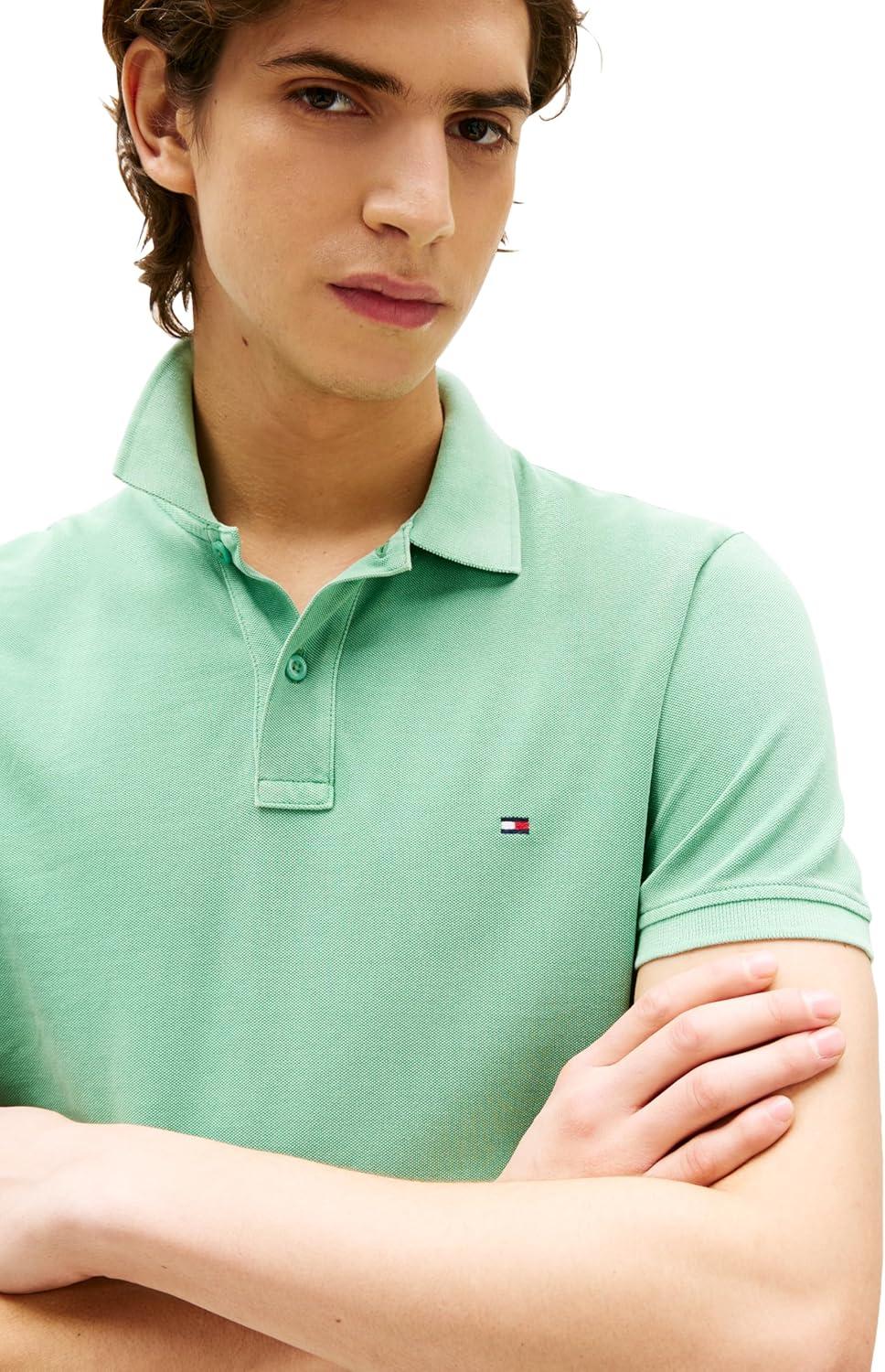 imageTommy Hilfiger Mens Short Sleeve Casual Polo Shirts in Regular Fit with Garment Dye CottonFort Green