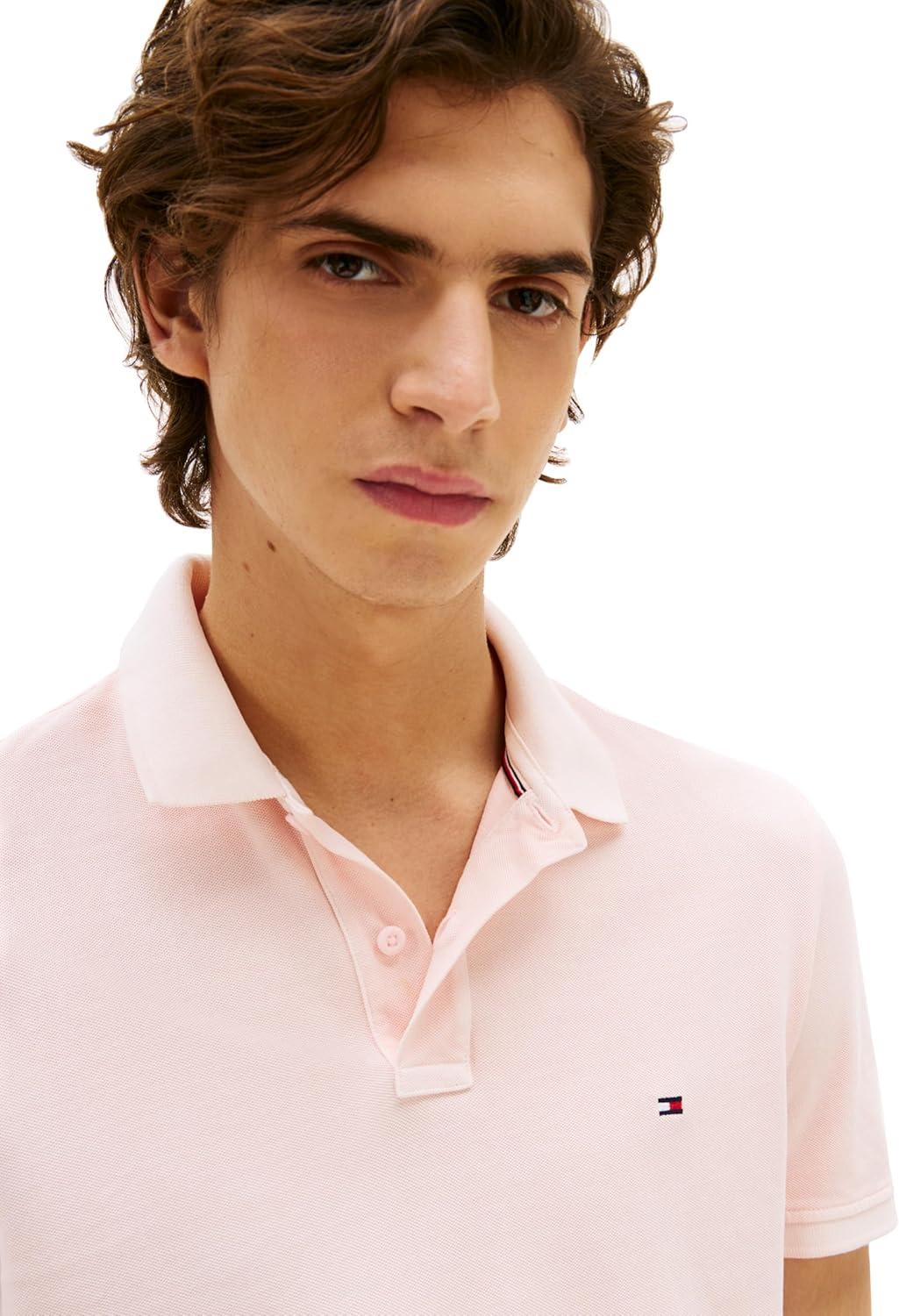 imageTommy Hilfiger Mens Short Sleeve Casual Polo Shirts in Regular Fit with Garment Dye CottonPink Lily