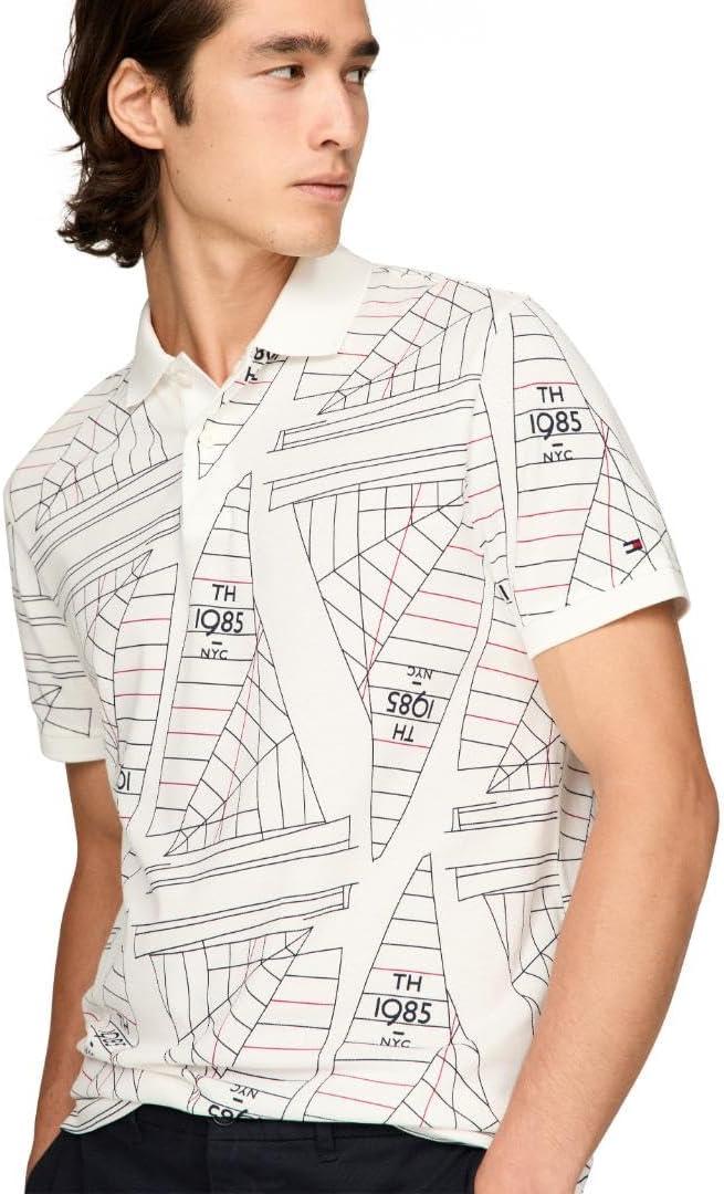 imageTommy Hilfiger Mens Short Sleeve Casual Polo Shirts in Regular Fit with Sail Print DesignsEcru