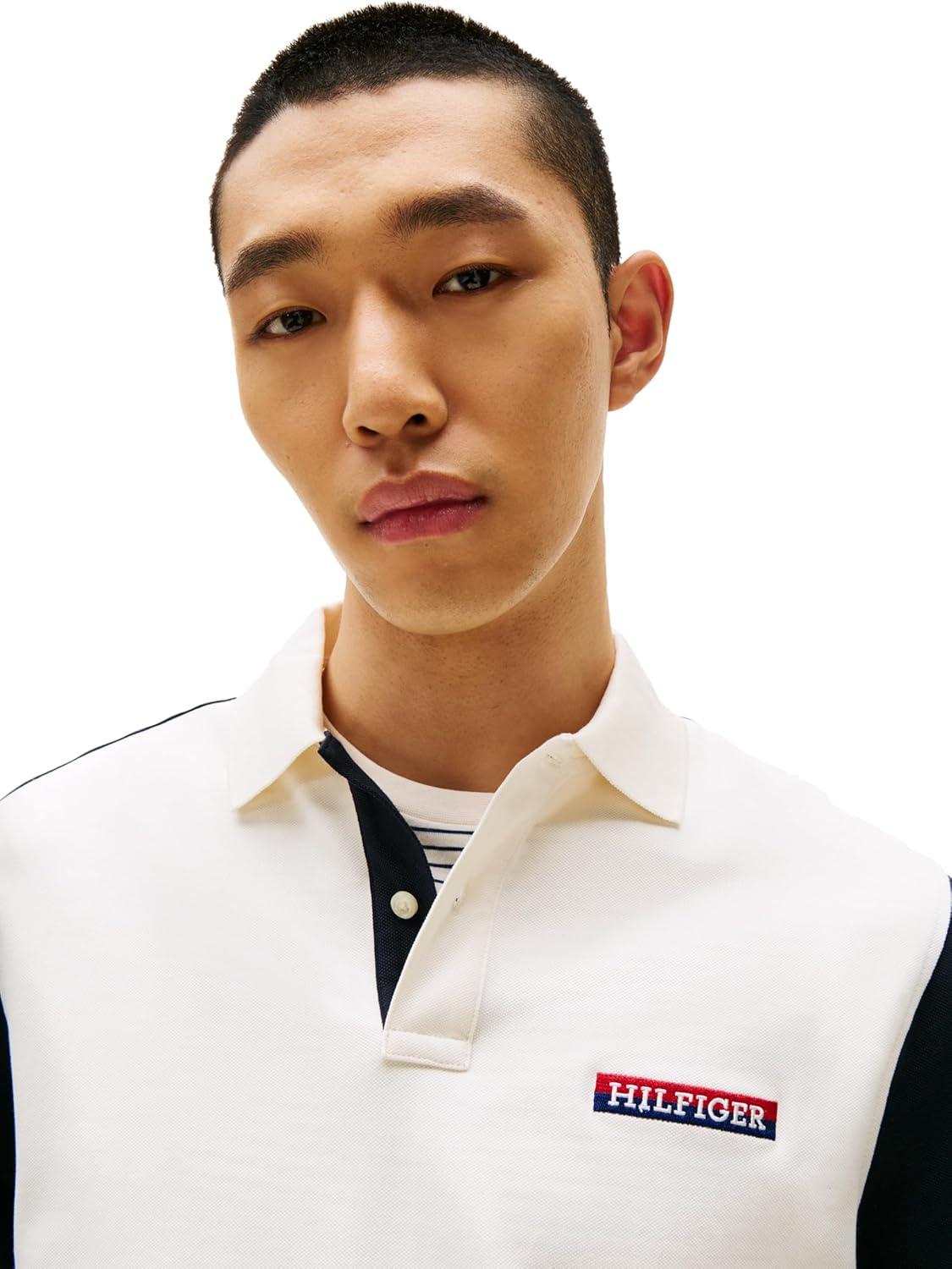 imageTommy Hilfiger Mens Short Sleeve Casual Polo Shirts in Regular Fit with Stretch and Colorblock DesignsWhite Stripe