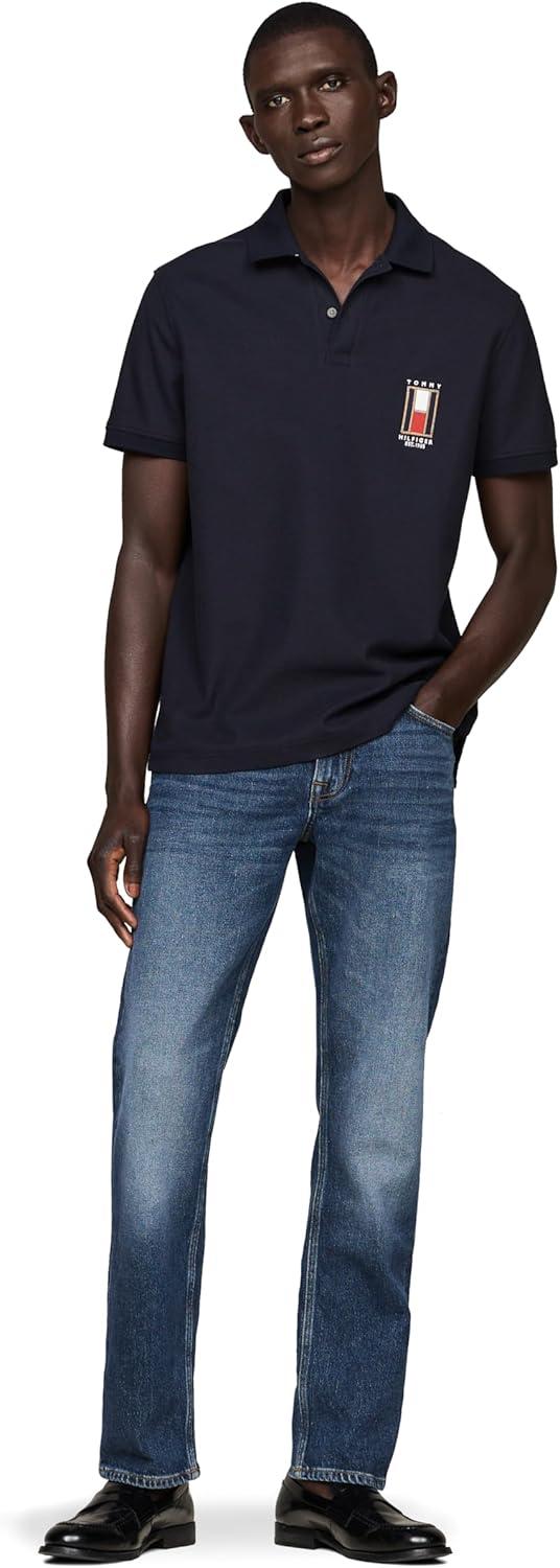 imageTommy Hilfiger Mens Short Sleeve Casual Polo Shirts in Regular Fit with Stretch and Vertical Logo DesignsDesert Sky