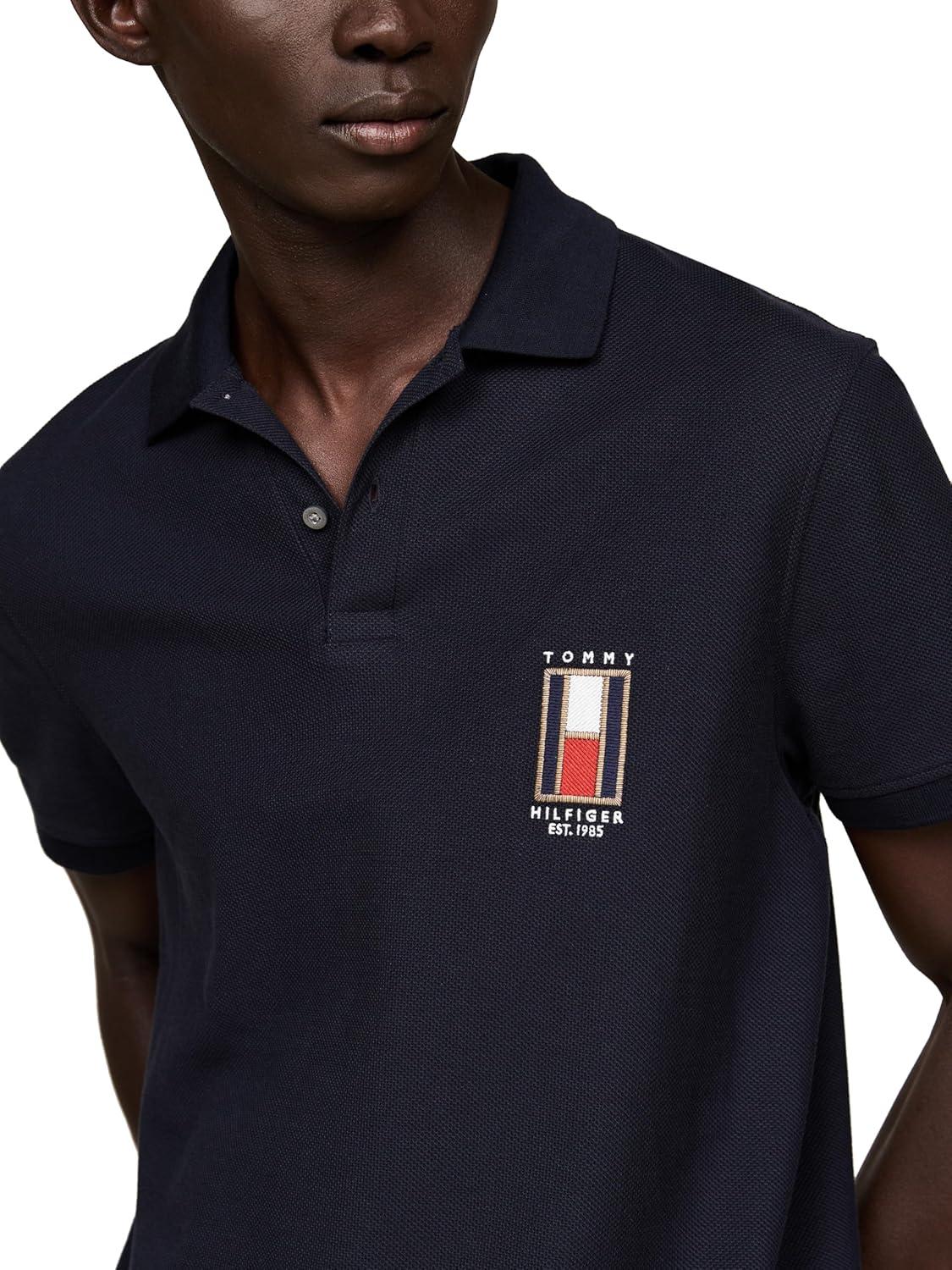imageTommy Hilfiger Mens Short Sleeve Casual Polo Shirts in Regular Fit with Stretch and Vertical Logo DesignsDesert Sky