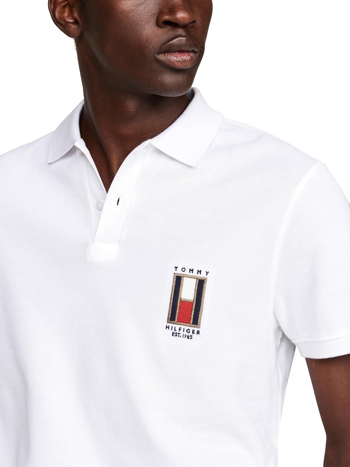 imageTommy Hilfiger Mens Short Sleeve Casual Polo Shirts in Regular Fit with Stretch and Vertical Logo DesignsWhite