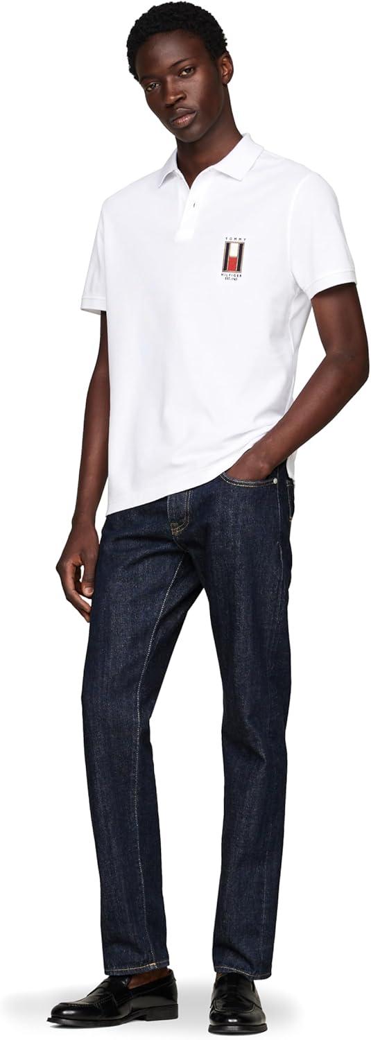 imageTommy Hilfiger Mens Short Sleeve Casual Polo Shirts in Regular Fit with Stretch and Vertical Logo DesignsWhite