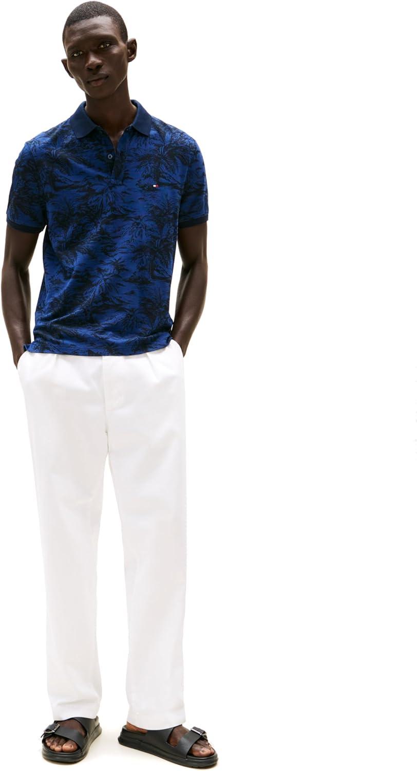 imageTommy Hilfiger Mens Short Sleeve Linen Polo Shirts in Regular Fit with Tropical Print DesignsDesert Sky Dark Navy