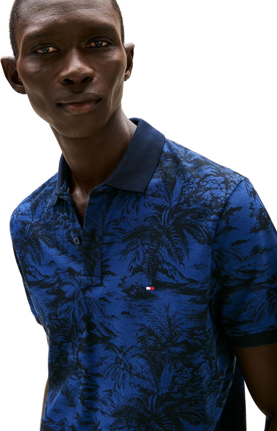 imageTommy Hilfiger Mens Short Sleeve Linen Polo Shirts in Regular Fit with Tropical Print DesignsDesert Sky Dark Navy