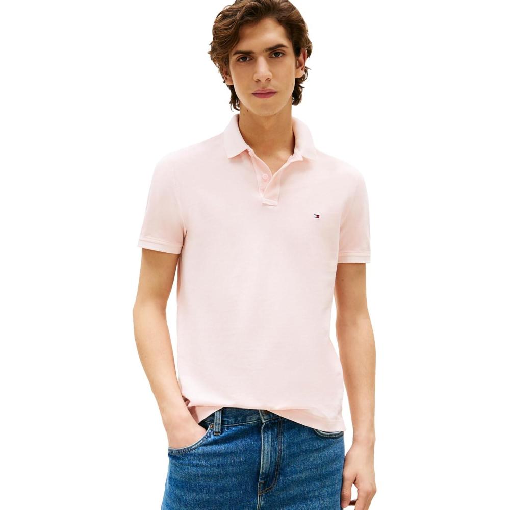 imageTommy Hilfiger Mens Short Sleeve Casual Polo Shirts in Regular Fit with Garment Dye CottonPink Lily