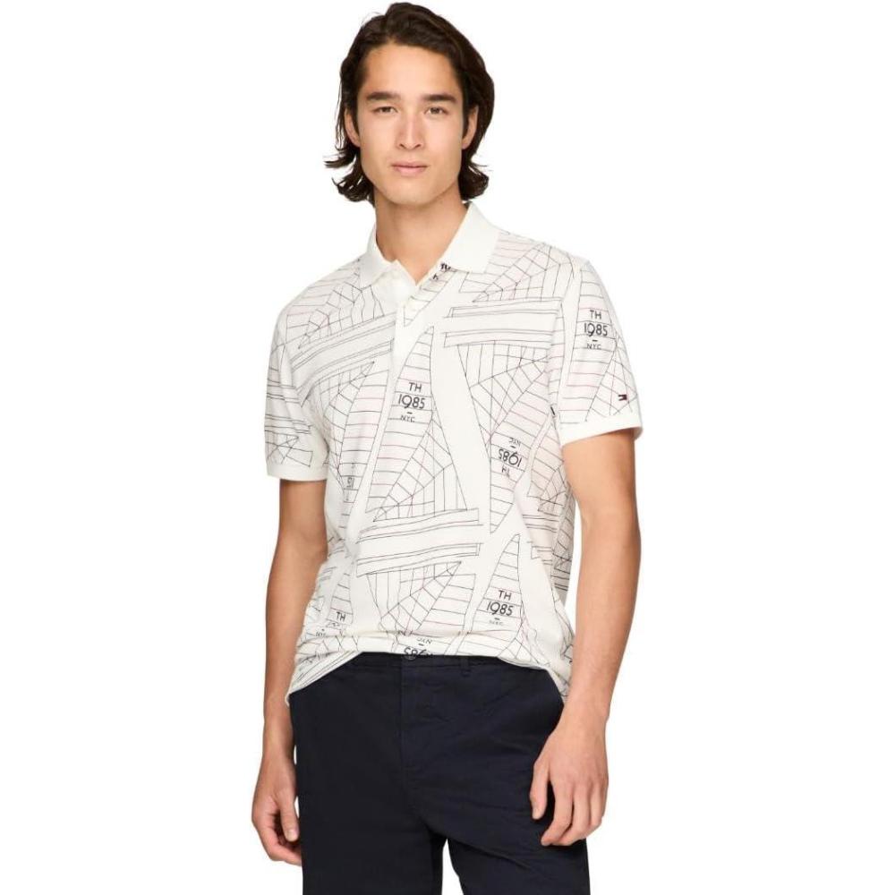 imageTommy Hilfiger Mens Short Sleeve Casual Polo Shirts in Regular Fit with Sail Print DesignsEcru
