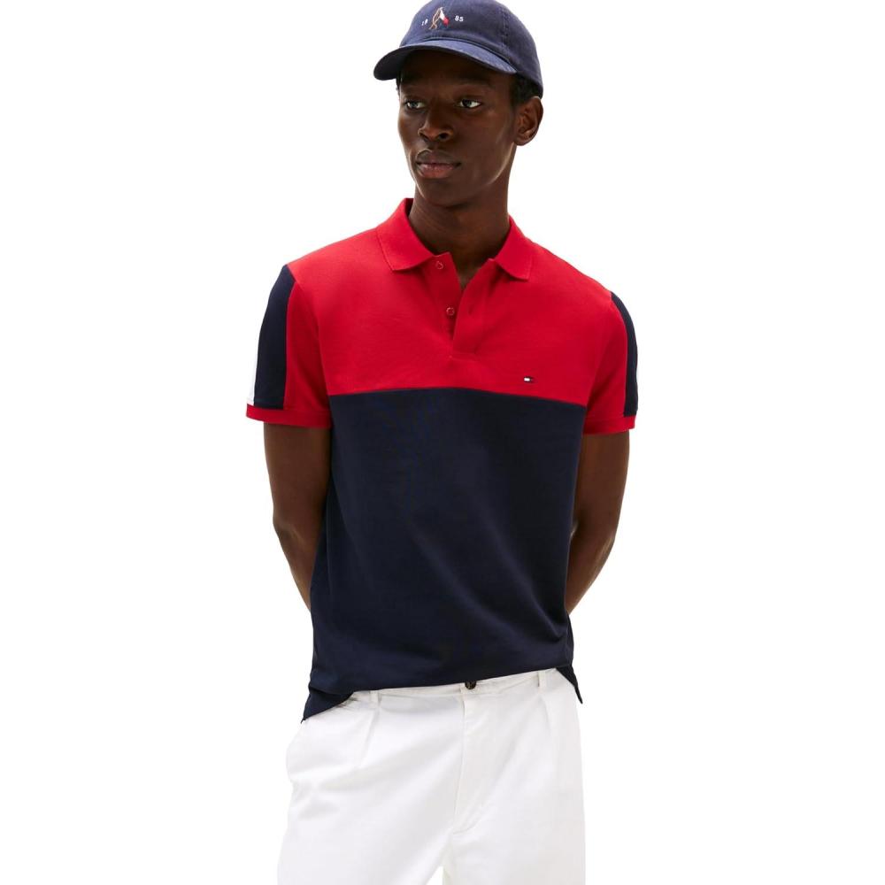imageTommy Hilfiger Mens Short Sleeve Casual Polo Shirts in Regular Fit with Stretch and Colorblock DesignsDesert Sky
