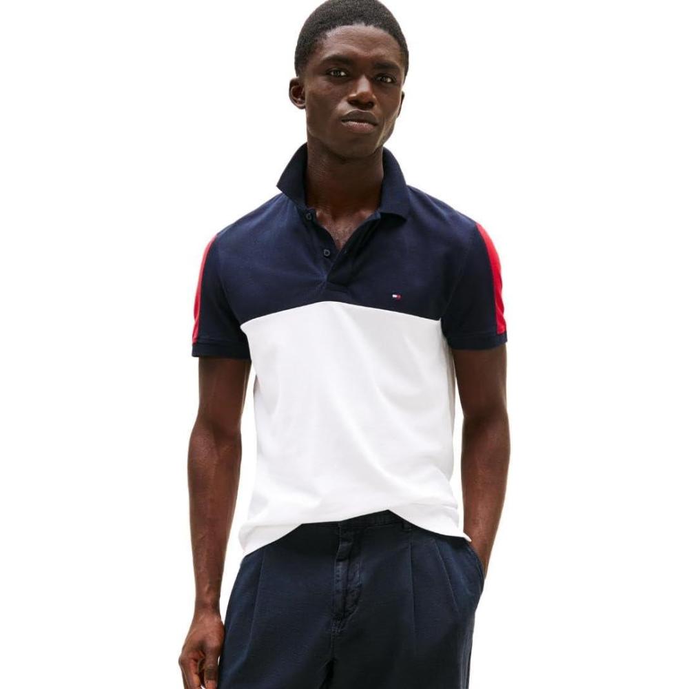 imageTommy Hilfiger Mens Short Sleeve Casual Polo Shirts in Regular Fit with Stretch and Colorblock DesignsWhite
