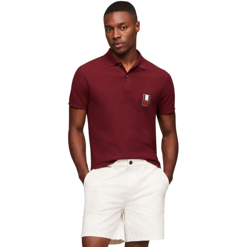 imageTommy Hilfiger Mens Short Sleeve Casual Polo Shirts in Regular Fit with Stretch and Vertical Logo DesignsDeep Rouge
