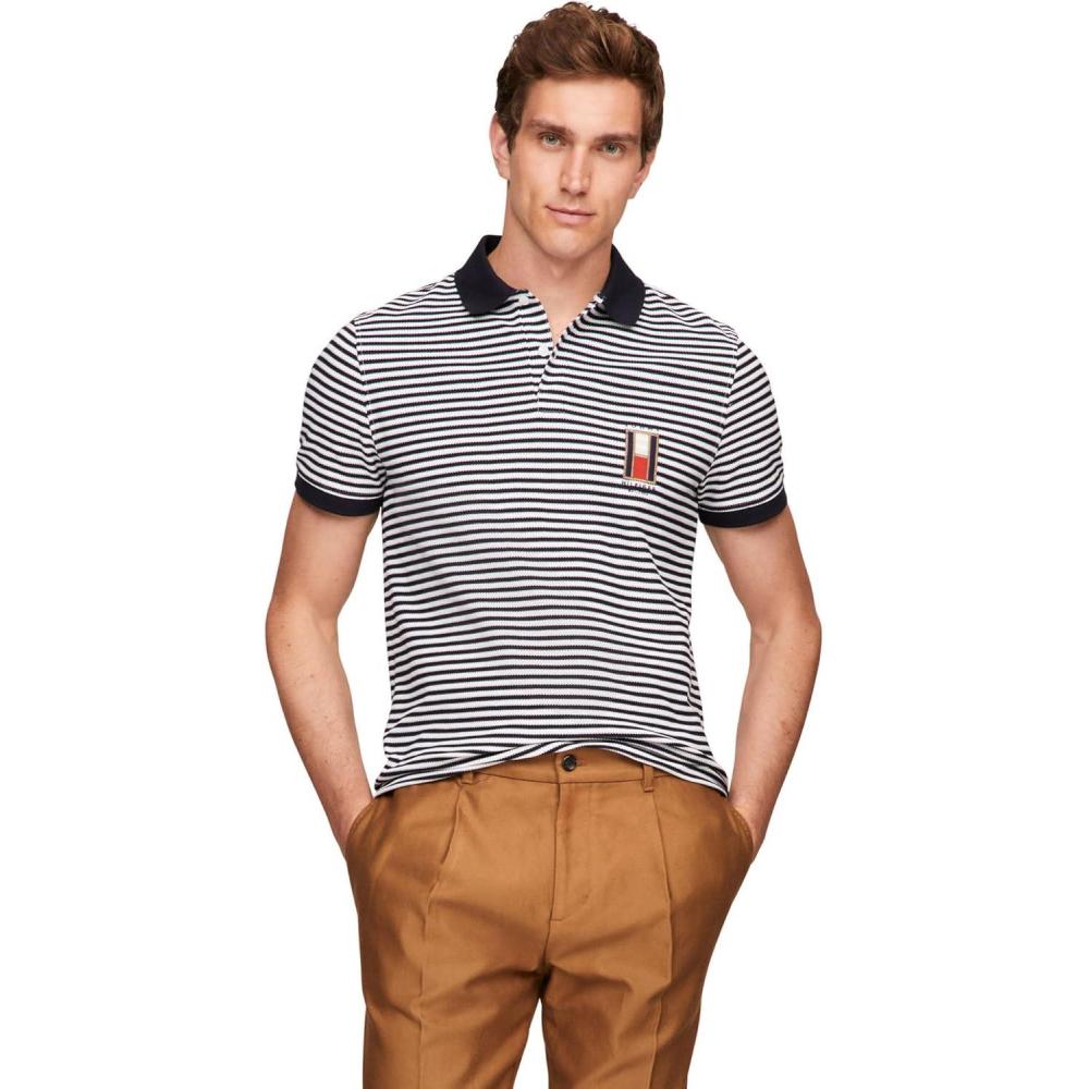 imageTommy Hilfiger Mens Short Sleeve Casual Polo Shirts in Regular Fit with Stretch and Vertical Logo DesignsDesert Sky White
