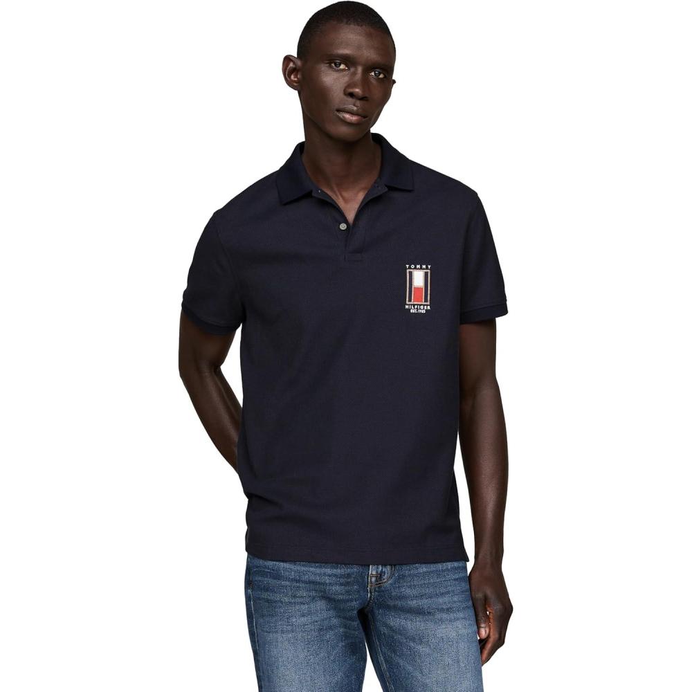 imageTommy Hilfiger Mens Short Sleeve Casual Polo Shirts in Regular Fit with Stretch and Vertical Logo DesignsDesert Sky