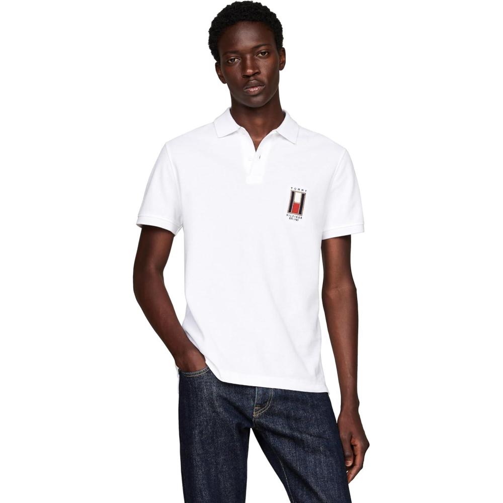 imageTommy Hilfiger Mens Short Sleeve Casual Polo Shirts in Regular Fit with Stretch and Vertical Logo DesignsWhite